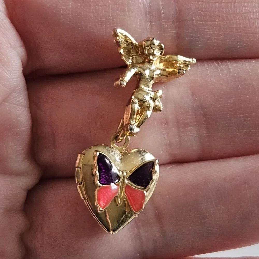 Vintage Lapel Pin Angel Locket Heart Dangle Butterfly Gold Tone